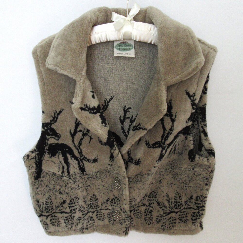 Pine Cone Designs beige deer plush button front sleeveless vest *Sz M*